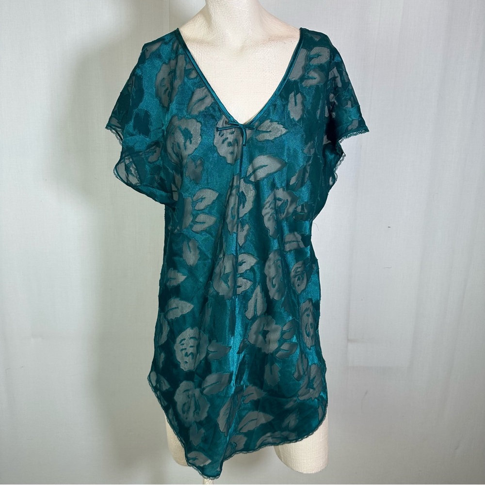 Vintage Intimate Moods 🌻 Teal Floral Sheer Night Gown  Sz M